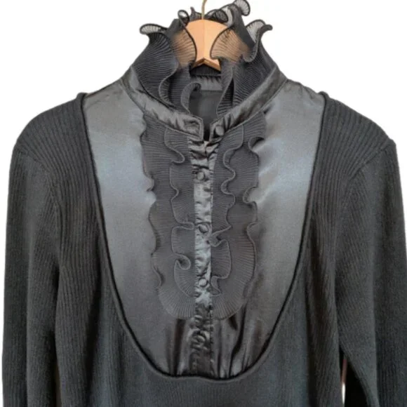 57 Collection Women's Ribbed Sweater With Ruffle and Silk Front Panel - Picture 4 of 10